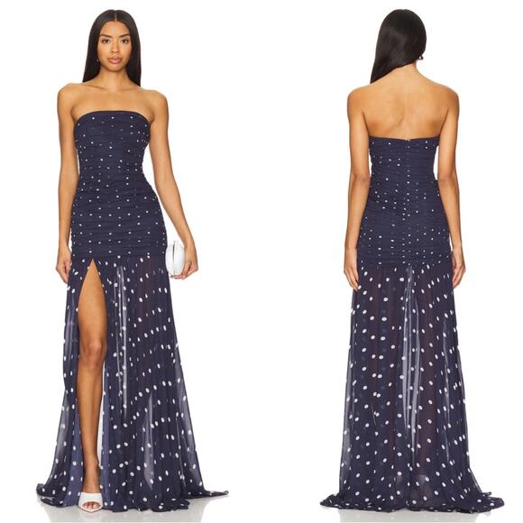 Retrofete Annalise Strapless Polkadot Ruched Navy Blue Maxi Dress Size XS - Picture 1 of 14